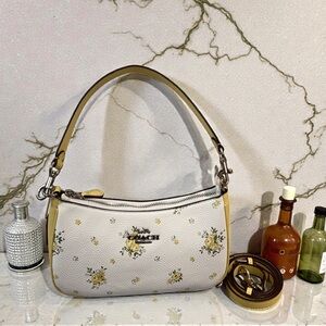 Coach Floral Print Pebbled Leather Crossbody Bag in White/Yellow